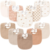 Konssy 10-pack muslin baby bibs flatlay in neutral colors for versatile drool protection.