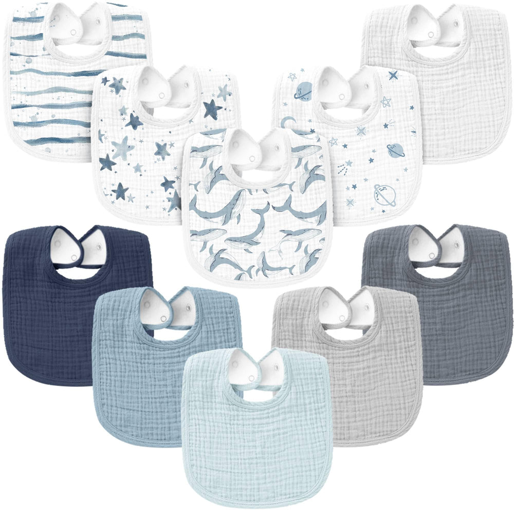 Konssy muslin baby bib front view shows soft, absorbent fabric for drool control.