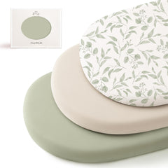 Konssy bassinet sheets 3-pack green leaves front view demonstrates secure universal fit
