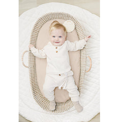Konssy navy and cream style sheets match most nurseries with neutral tones.