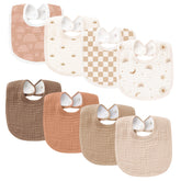 Konssy Muslin Baby Bibs shows soft cotton muslin front for gentle drool absorption