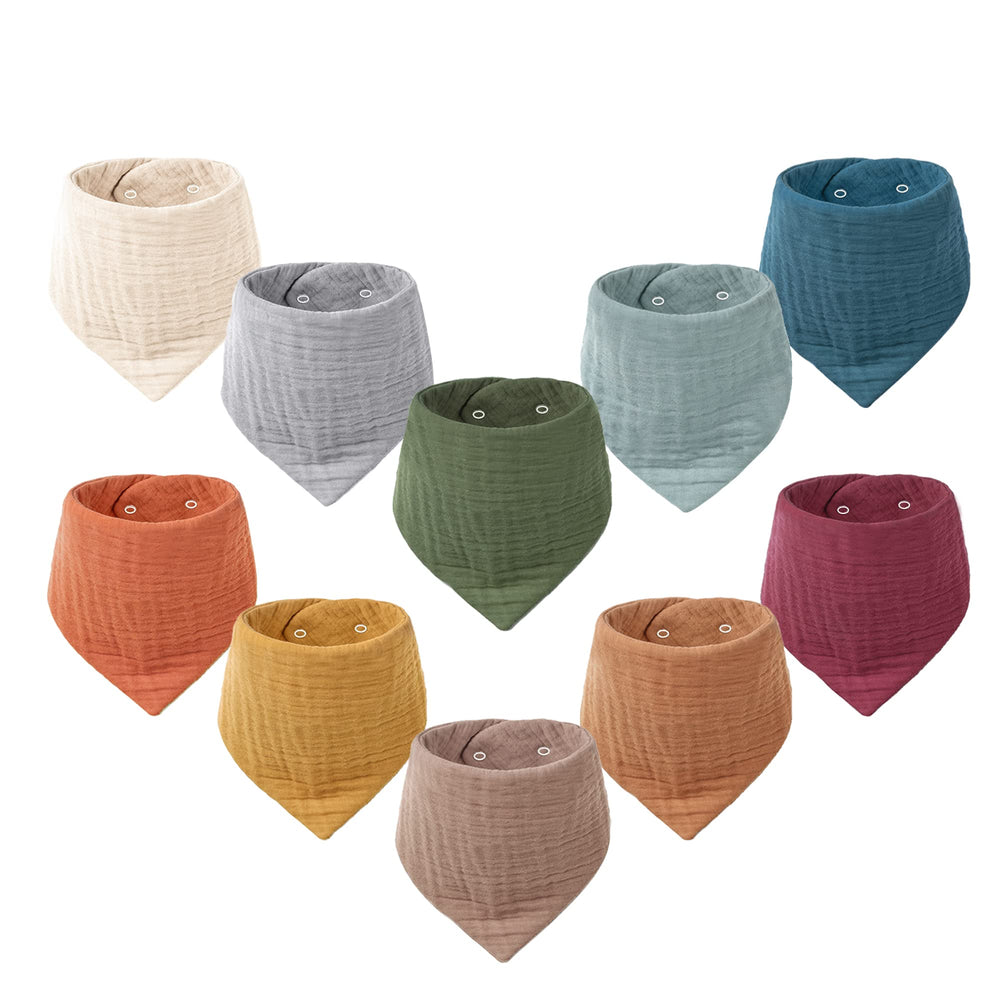 Konssy Muslin Baby Bibs 10 Pack pack shot showing soft absorbent 100% cotton for drool control