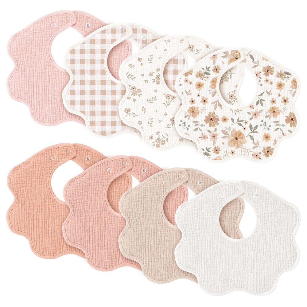 Konssy Muslin Baby Bibs 8-Pack packaging, a gift-ready set for busy new parents.