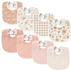 Konssy Muslin Baby Bibs 8-Pack front view, soft absorbent cotton for drool management