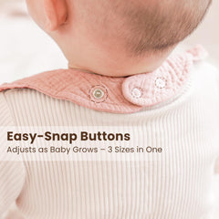 Konssy Muslin Baby Bibs shows adjustable neck with two buttons for comfy fit