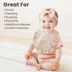 Konssy Muslin Baby Bibs adjustable neck closure for comfy, growing fit.