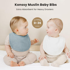 Konssy muslin baby bibs adjustable snaps demonstrate neck-fit for growing babies.