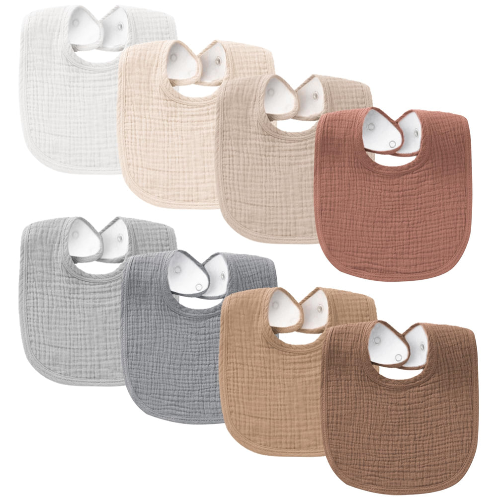 Konssy muslin baby bibs flat lay shows eight color options for easy outfit matching