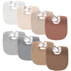 Konssy muslin baby bibs flat lay shows eight color options for easy outfit matching