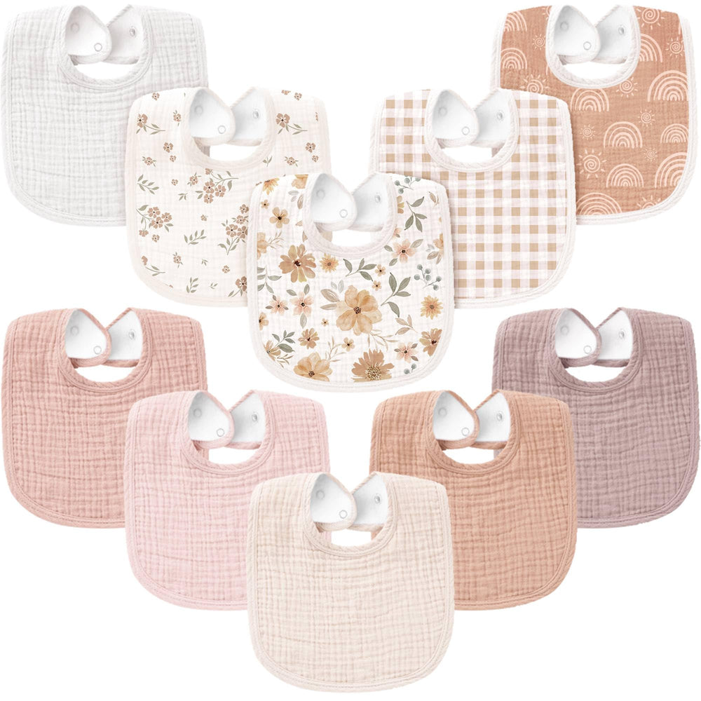 Konssy muslin baby bibs front view with soft absorbent fabric keeps outfits dry.