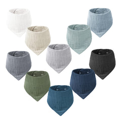 Konssy Muslin Baby Bibs pack-10 set displays soft absorbent cotton for drool management.