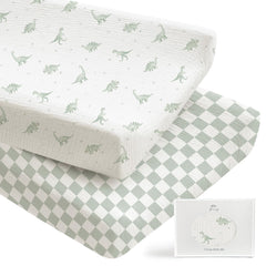 Konssy muslin changing pad cover green dino closeup for ultra-soft skin comfort.
