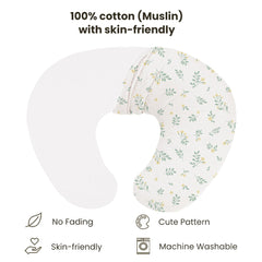 Konssy muslin cover on a nursing pillow showing snug fit and secure zipper.