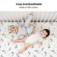 Konssy muslin crib sheets blue whale closeup texture, soft cotton weave for baby comfort.