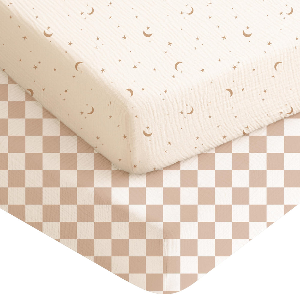 Konssy muslin crib sheets Coffee Check offer soft, breathable comfort for naps.