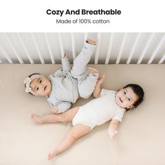Konssy crib sheets show 360-degree elastic for snug, secure fit on standard crib mattress.
