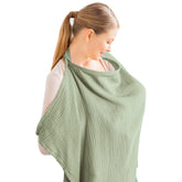 Konssy muslin nursing cover in sage with hoop for private, breathable nursing.