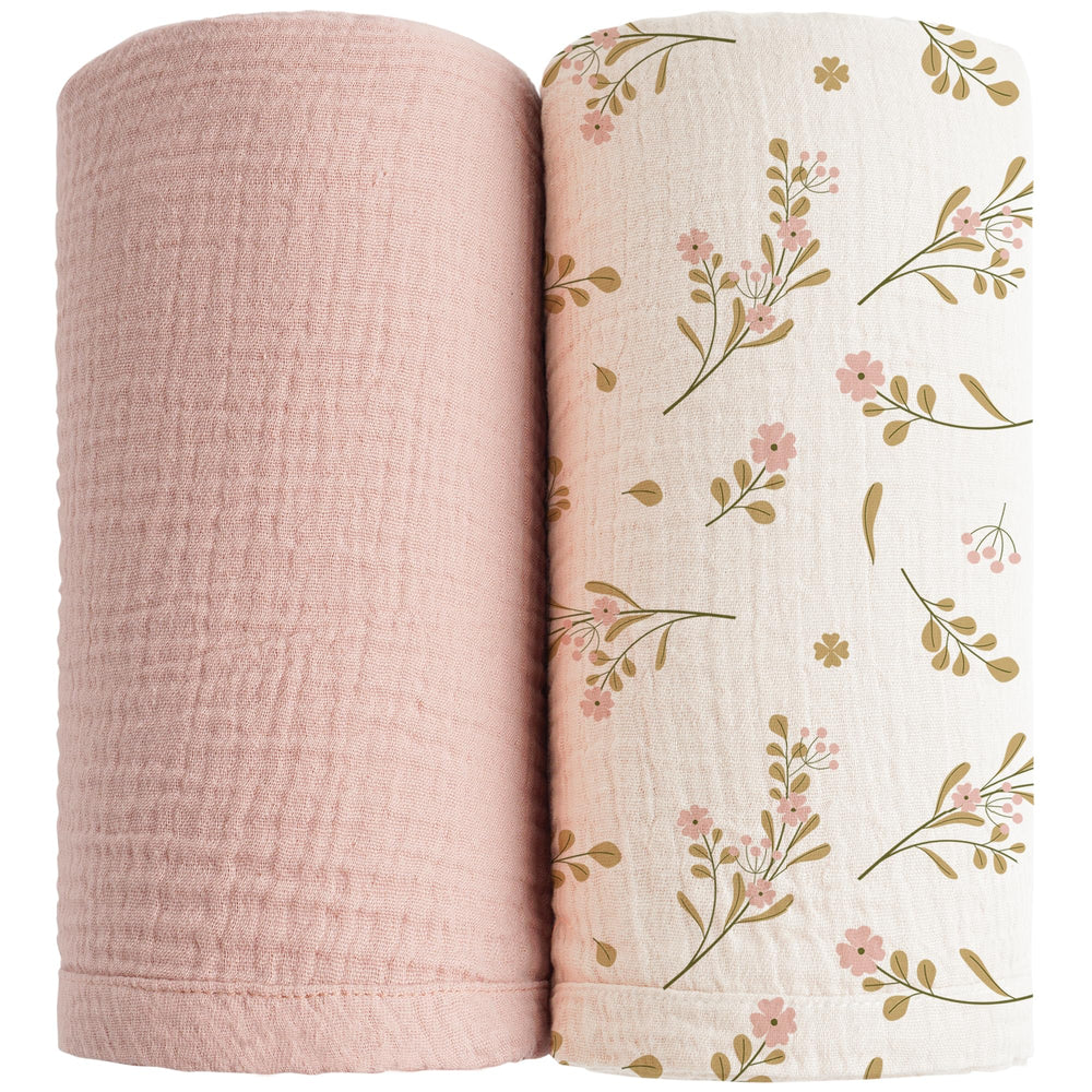 Konssy Muslin Swaddle Pink Floral closeup shows ultra-soft fabric for newborn comfort.