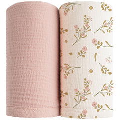Konssy Muslin Swaddle Pink Floral closeup shows ultra-soft fabric for newborn comfort.