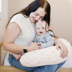 Konssy nursing pillow cover Coffee Check design—easy cleanup after feeds and messes.
