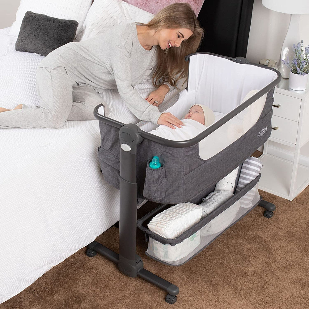 KoolerThings Baby Bassinet bedside setup enables close, convenient sleep with easy nighttime feeding access