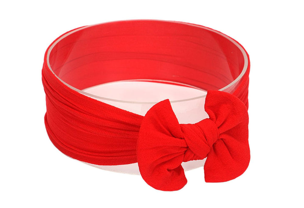 Koolgil baby girl headband red bow close-up, showcasing soft nylon comfort for daily wear.
