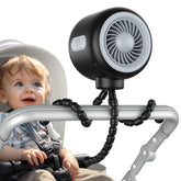 Koonie portable stroller fan with tripod clip for crib or stroller cooling.
