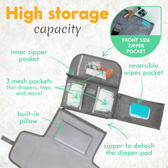 Kopi Baby portable changing pad wipe pocket open for quick diaper access in public spaces.
