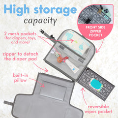 Kopi Baby changing pad with wipes-pocket open, keeps wipes handy during diaper changes.