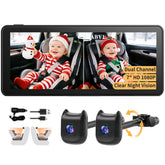 KOUENOM dual-camera monitor 6-9 inch display showing back-seat view for twins.