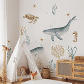 Kreleurs Ocean Wall Decals with whales and dolphins create a playful sea room focal point.