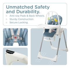 KÜB 3-in-1 foldable high chair blue four-position tilt for comfy feeding.