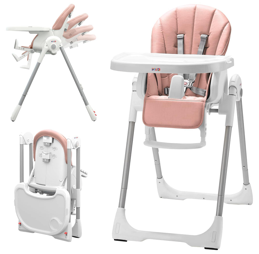 KÜB 3-in-1 foldable high chair pink tray for easy feeding.