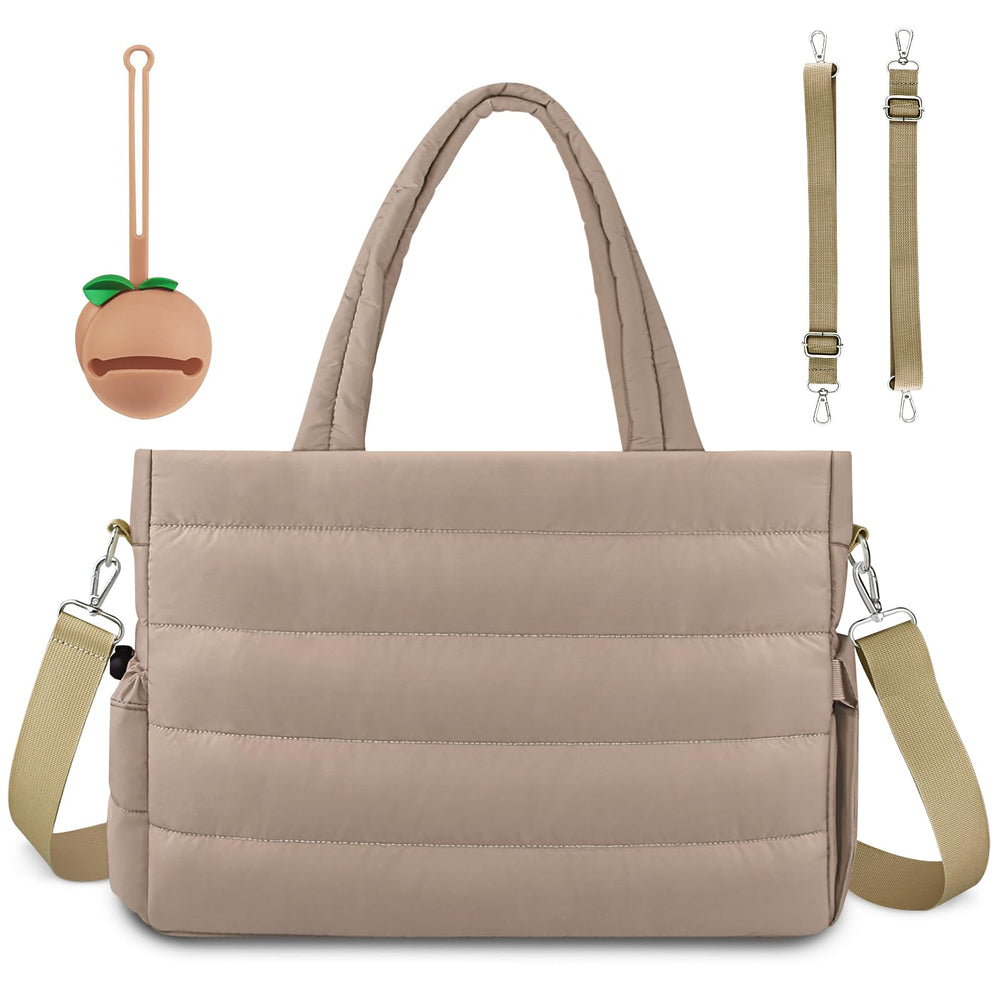 KUBYA diaper bag tote front view shows a cozy puffer quilted design for everyday use