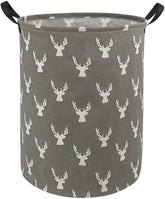 KUNRO round laundry basket exterior with grey deer motif for stylish organization.