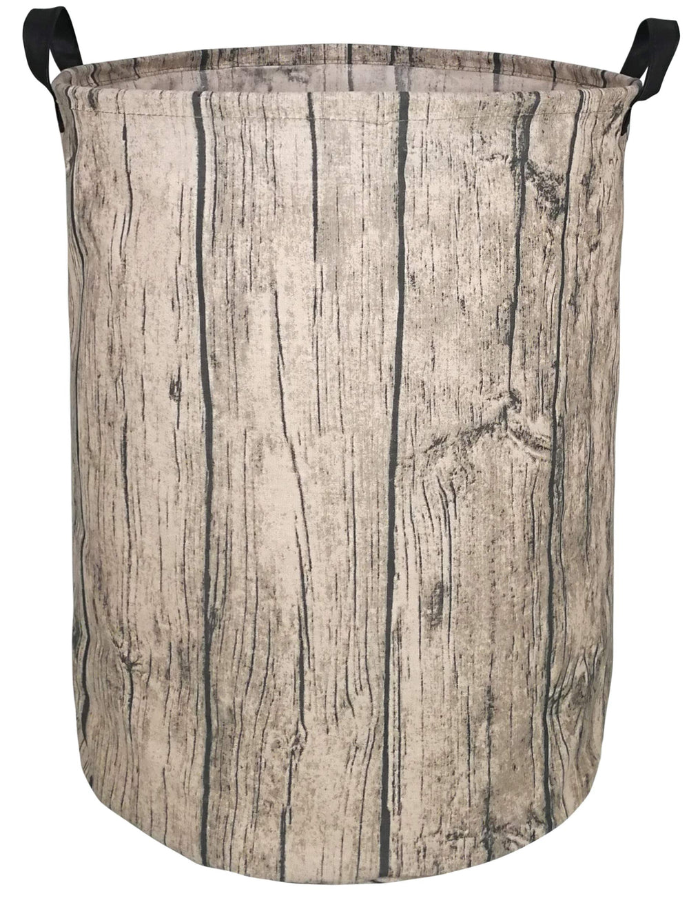 KUNRO round laundry basket tree stump front view, ideal for tidy bedroom laundry storage.