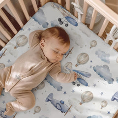 KuphiL10C plane-hot-air-balloons-crib-sheet-03 durable fabric and elastic fit for secure mattresses.