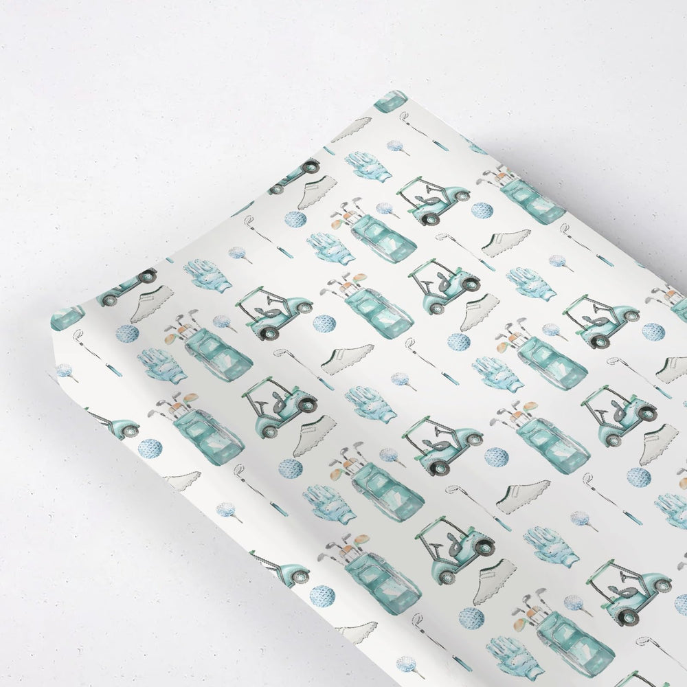 KuphiL10C watercolor golf changing pad cover top view demonstrates quick-dry, comfortable baby changes.