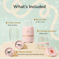 Kwiplee Bubble Blender Rose two glass cups on display show odor- and stain-resistant glass.