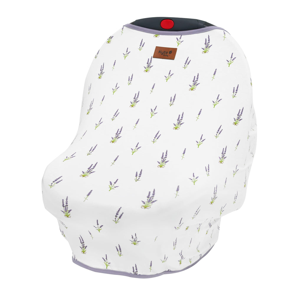 KYTE BABY car seat cover in lavender shows breathable bamboo fabric for comfortable travels