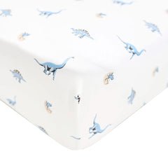 Kyte Baby Jurassic crib sheet close-up shows bamboo softness for baby comfort.