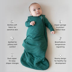 Kyte Baby sleep bag emerald worn by baby for cozy, breathable overnight rest