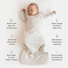KYTE BABY sleep bag oat small zipper close-up demonstrating easy diaper changes