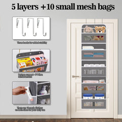 KYEVIS over-the-door organizer with ten mesh pockets for clear item visibility.