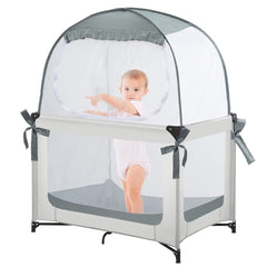 L RUNNZER baby pack n play tent in a crib, providing safety and visibility.