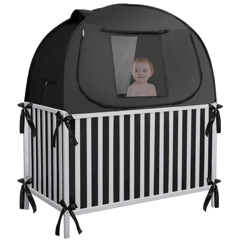 L RUNNZER crib blackout cover assembly shows quick, tool-free setup for secure baby sleep.