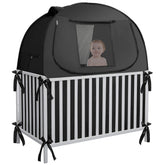 L RUNNZER crib blackout cover assembly shows quick, tool-free setup for secure baby sleep.