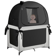 L RUNNZER Pack N Play Cover setup demonstrates quick tool-free installation for on-the-go sleep.