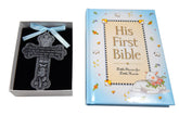 L8 Baby Boy First Bible crib cross with guardian angel, a cherished baptism keepsake for the nursery.