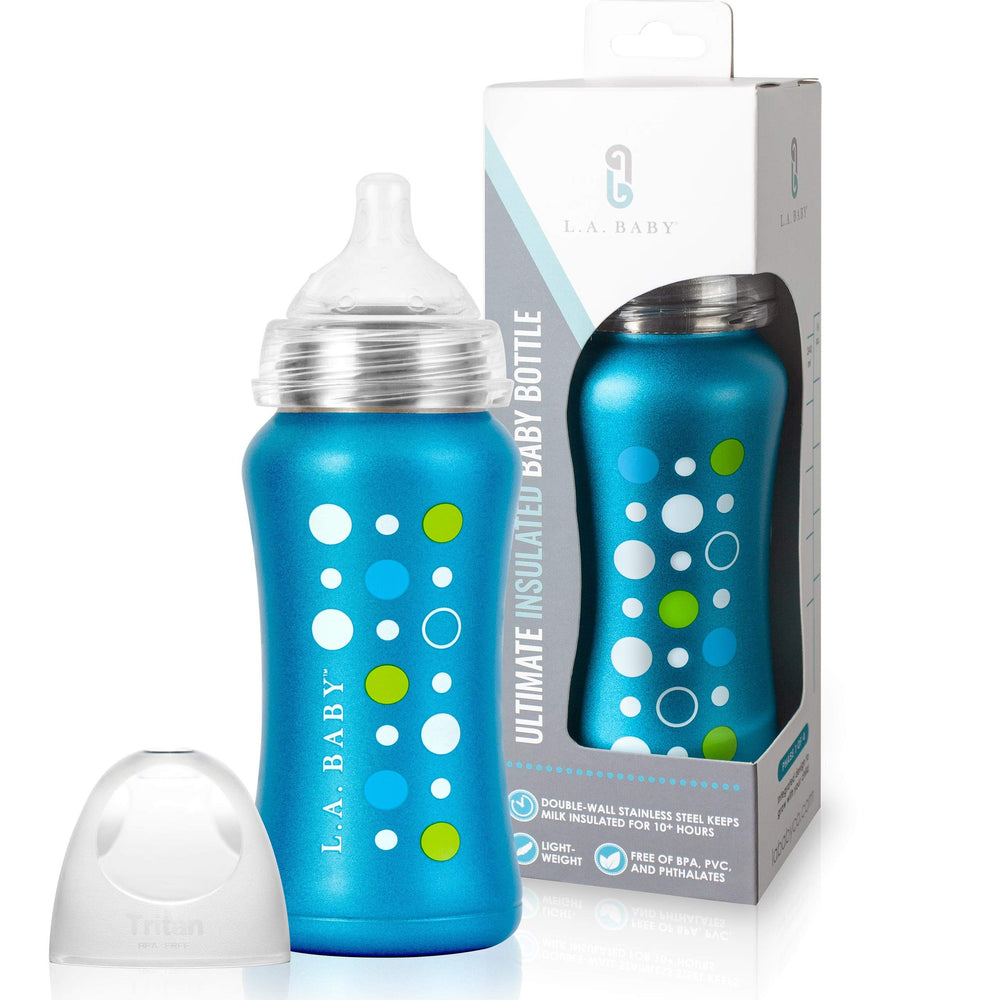 L.A. Baby 9oz insulated blue bottle keeps milk warm or cold.